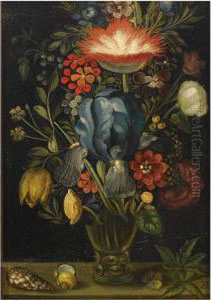 A Still Life With Various 
Flowers In A Roemer Together With Shells And A Violet On A Ledge Oil Painting by Ambrosius the Elder Bosschaert