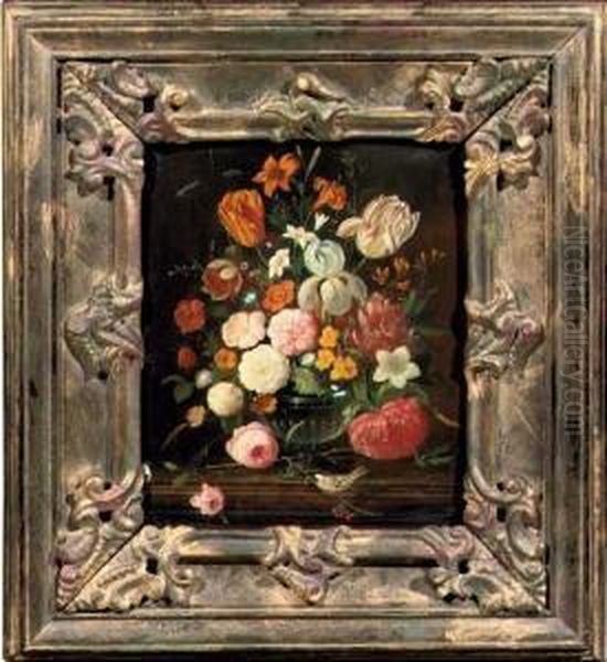 Poppies, Daisies, Tulips, Roses,
 A Lily And Other Flowers In A Glass Vase On A Wooden Ledge, A Small 
Bird On A Branch In The Foreground Oil Painting by Ambrosius the Elder Bosschaert