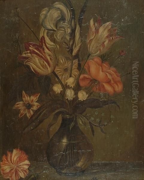 An Iris, Tulips, 
Lily-of-the-valley, A Rose And Other Flowers In A Glass Vase On A Ledge. Oil Painting by Ambrosius the Elder Bosschaert