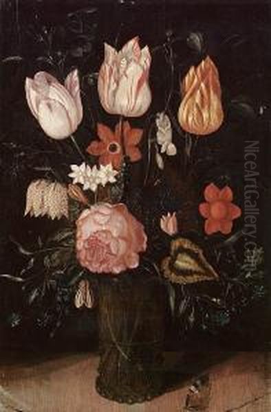 A Rose, Tulips, Forget-me-nots 
And Other Flowers In A Glass Vase On A Ledge With A Butterfly Oil Painting by Ambrosius the Elder Bosschaert
