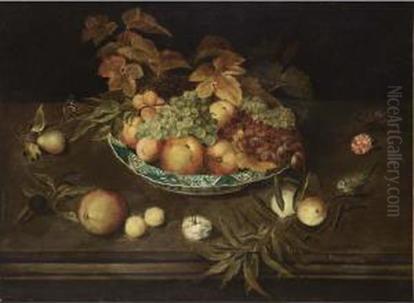 A Still Life With Grapes, 
Peaches, Apricots And Apples In A Wan-li Porcelain Bowl, Together With A
 Pear, A Prune, Peaches, Apricots, Carnations, A Butterfly And A Blue 
Tit, All On A Ledge Oil Painting by Ambrosius the Elder Bosschaert