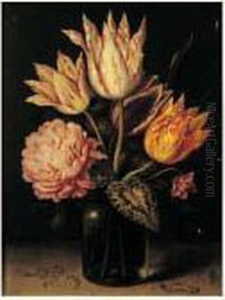 Bouquet De Tulipes Et De Roses Dans Un Vase Pose Sur Un
 Entablement Oil Painting by Ambrosius the Elder Bosschaert