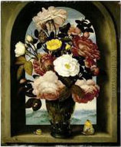 A Still Life Of Roses In A 
Berkemeijer Glass, With Butterflies And A Snail, In An Arched Stone 
Window With A Landscape Beyond Oil Painting by Ambrosius the Elder Bosschaert
