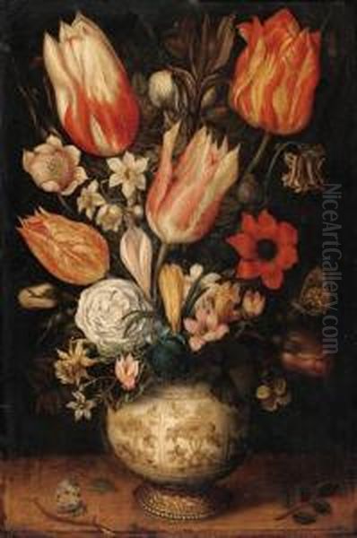 Tulips, Roses, Narcissi, 
Daffodils, Crocuses, An Iris, A Poppy Andother Flowers In A Gilt-mounted
 Porcelain Vase On A Ledge, With Aqueen Of Spain Fritillary, A White 
Ermine And A Magpiebutterfly Oil Painting by Ambrosius the Elder Bosschaert