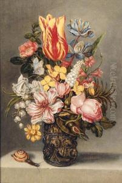 Parrot Tulips, A Dog Rose, A 
Peonie, Buttercups And Lily Of Thevalley In A Roemer On A Stone Ledge 
With A Butterfly And Asnail Oil Painting by Ambrosius the Elder Bosschaert