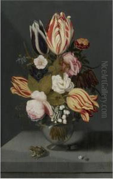 Still Life With Variegated 
Tulips, Pink And White Roses, A Marigold Fritillary, Columbine And Lily 
Of The Valley In A Globose Vase With A Toad, All On A Ledge Oil Painting by Ambrosius the Younger Bosschaert
