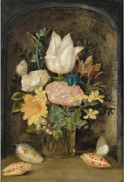 A Still Life With A Tulip, Roses
 And Other Flowers In A Glass Vase, Together With Two Butterflies And 
Three Shells, In A Stone Niche Oil Painting by Ambrosius the Younger Bosschaert