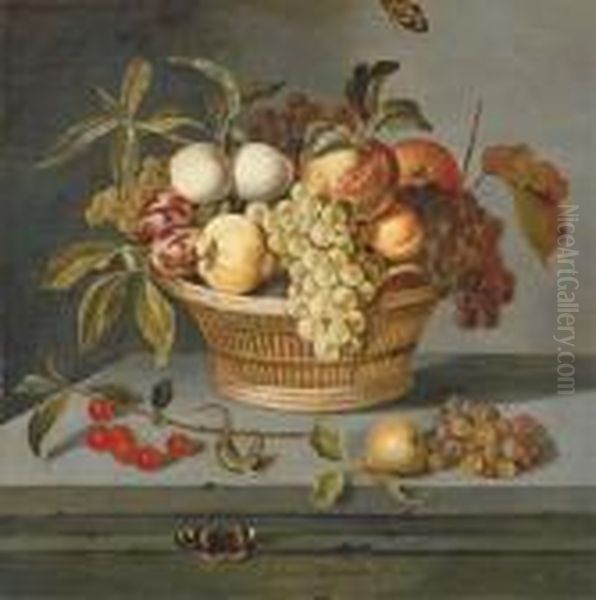 Grapes With A Pear, An Apricot, 
Apples And Plums In A Wicker Basketwith A Sprig Of Cherries Oil Painting by Ambrosius the Younger Bosschaert