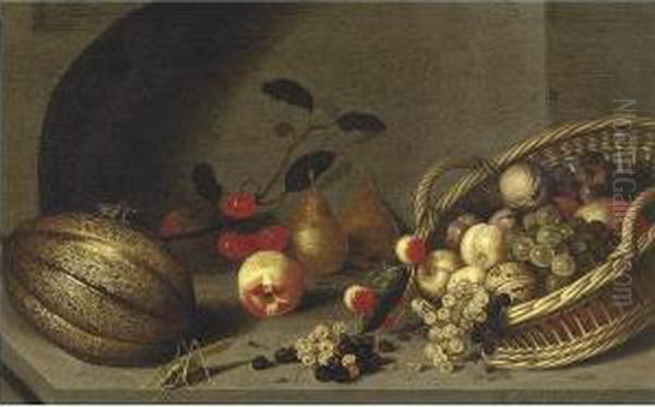 Still Life Of Fruit In A Basket 
And Cherries, Pears, Peaches And A Melon, All Resting On A Ledge Oil Painting by Ambrosius the Younger Bosschaert