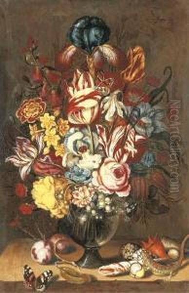 Tulips, Peonies, Narcissi And 
Other Flowers In A Glass Vase With Plums, Seashells, A Butterfly And A 
Lizard On A Ledge Oil Painting by Ambrosius the Younger Bosschaert