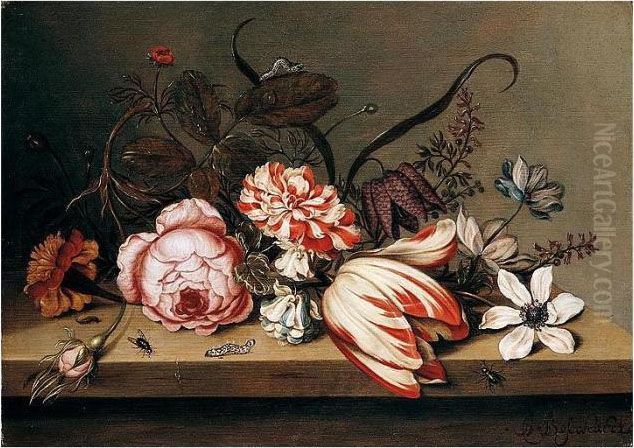 A Still Life Of A Rose, Tulip, 
Marigold, Columbine And Anemone, With Caterpillars And Flies On A Table 
Top Oil Painting by Ambrosius the Younger Bosschaert
