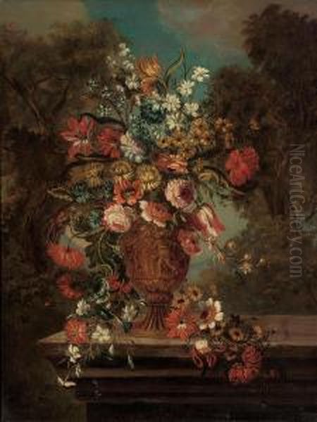Tulips, Chrysanthemums, 
Convolvulus, Camelias, Clematis And Other Flowers In A Sculpted Urn, On A
 Stone Ledge, In A Landscape Oil Painting by Jan-baptist Bosschaert