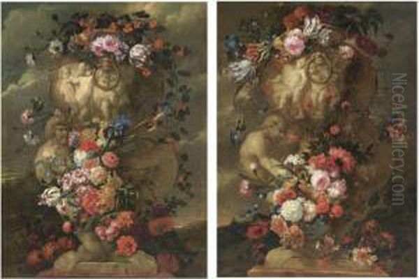 A Pair Of Still Lifes Of 
Elaborate Sculpted Urns Decorated With Carnations, Parrot Tulips, 
Irises, Morning Glory And Other Flowers Oil Painting by Jan-baptist Bosschaert