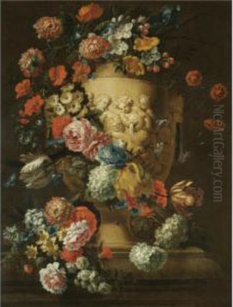 A Still Life With A Sculpted Urn
 Depicting Carousing Putti, Decorated With A Garland Of Flowers Oil Painting by Jan-baptist Bosschaert
