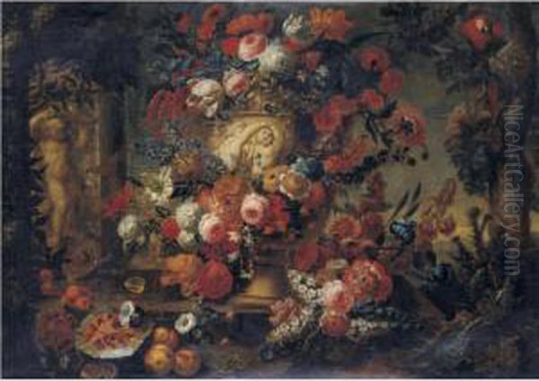 Still Life Of Flowers In A 
Sculpted Vase Resting On A Stone Ledge With Fruit, A Parrot And A 
Fountain With A Putto And Dolphin, In A Landscape Oil Painting by Jan-baptist Bosschaert