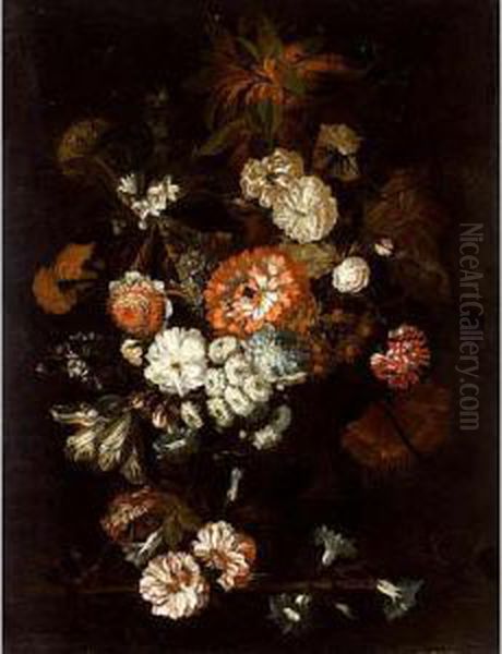 A Still Life Of Roses, 
Carnations, Anemonies And Other Flowers, All In A Vase On A Wooden Ledge Oil Painting by Jan-baptist Bosschaert