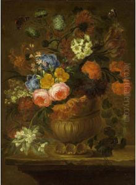 A Still Life With Cabbage Roses,
 Peonies, An Opium Poppy, Tulips, Snow Balls, Marigold And Other Flowers
 In A Sculpted Vase On A Wooden Table, Together With A Painted Lady, A 
Red Admiral And Another Butterfly Oil Painting by Jan-baptist Bosschaert