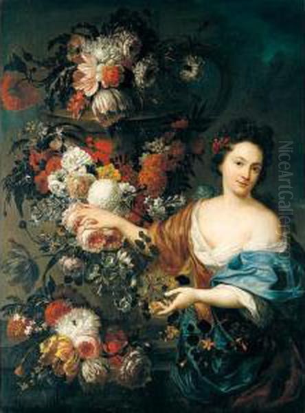 A Still Life Of Roses, 
Hyacinths, Tulips, Morning Glory, And Chrysanthemums Adorning A Stone 
Urn And Ledge, Together With A Young Woman Oil Painting by Jan-baptist Bosschaert