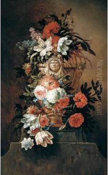 A Still Life Of Tulips, 
Chrysanthemums, Roses, Poppies And Stocks In A Sculpted Stone Urn Upon A
 Plinth Oil Painting by Jan-baptist Bosschaert