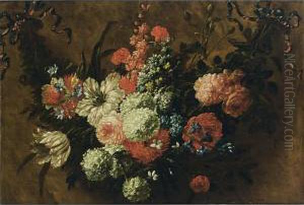 A Garland With Tulips, Roses, 
Snowballs, Hyacinths, Poppy Anemones, Buttercups, And Other Flowers, 
Tied With A Ribbon Oil Painting by Jan-baptist Bosschaert