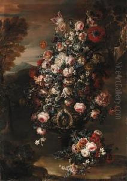 Roses, Parrot Tulips, Paeonies, 
Morning Glory And Other Flowers Inan Ornamental Silver Urn In A 
Landscape Oil Painting by Jan-baptist Bosschaert