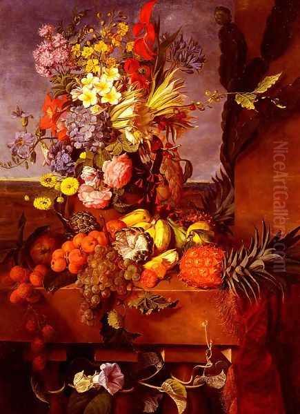 Vase De Fleurs Et Fruits Exotiques Sur Une Balustrade (Vase Of Exotic Flowers And Fruits On A Balustrade) Oil Painting by Emilie Bourbon