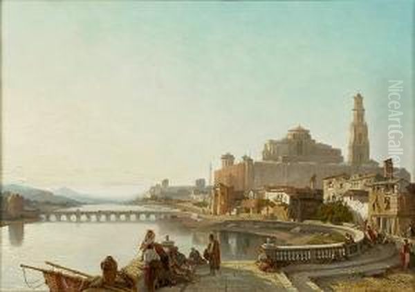A View Of The Guadalquivir 
River, Cordoba, With The Roman Bridge And The Great Mosque In The 
Distance Oil Painting by Francois Antoine Bossuet