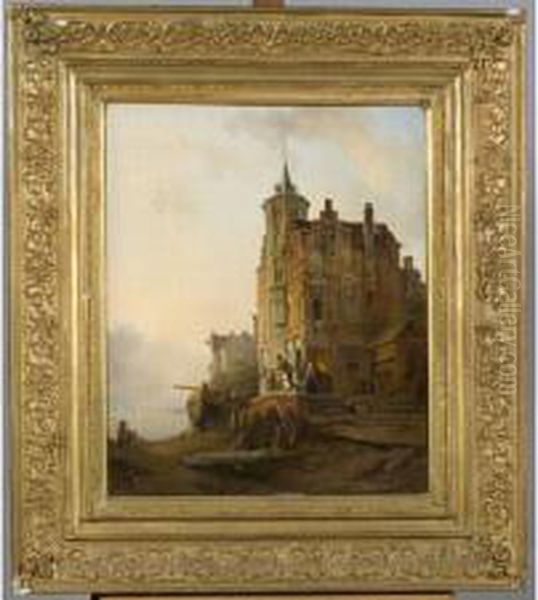 Paysage Anime Dans Une Ville Des
 Pays-bas Huile Sur Panneau Dacajou Signee En Bas A Gauche Et Datee 1842
 - 55 X 45 Oil Painting by Francois Antoine Bossuet