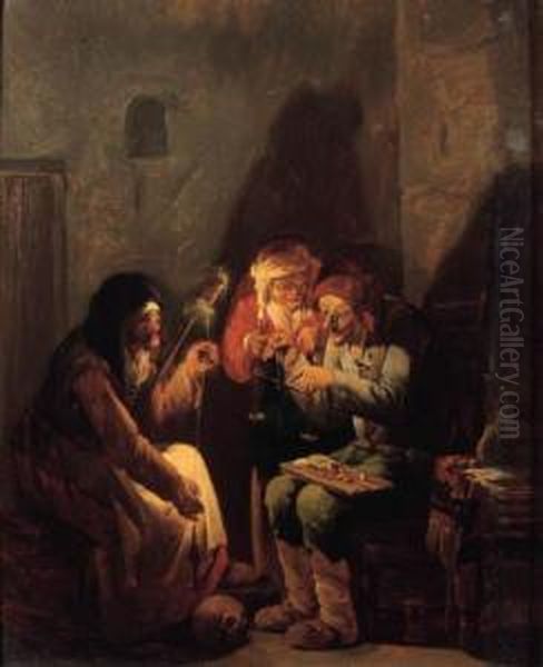 A Vanitas: An Old Man Seated On A
 Barrel Weighing Gold, An Oldpeasant And A Fortune-teller Holding A 
Candle Nearby, In Abarn Oil Painting by Andries Dirksz. Both