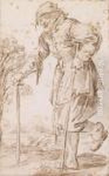 A Beggar, On Crutches Walking To The Left Oil Painting by Andries Dirksz. Both