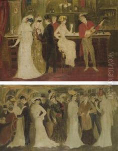 Jeunes Femmes Deguisees Pres 
D'un Bar, Un Homme Jouant De La Guitare; Et Hommes Et Femmes Se 
Divertissant Dans Un Cafe Oil Painting by Georges Bottini