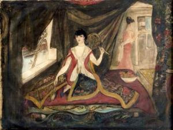 Femme A L'eventail Oil Painting by Georges Bottini