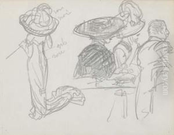 Etude Des Elegantes Aux Chapeau Dans Un Cafe Oil Painting by Georges Bottini