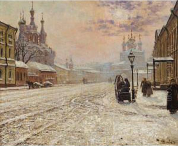 A Winter Morning On The Malaya 
Dmitrovka In Moscow, By The Gates Of The Strasnoi Monastery Oil Painting by Paul Louis Bouchard