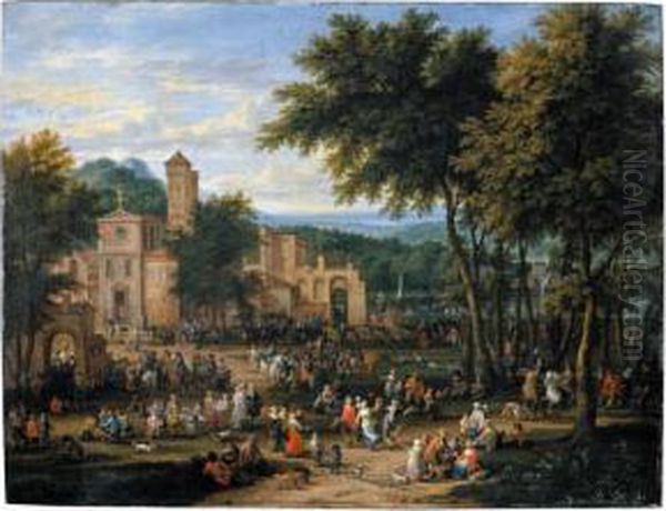 Landscape With A Village 
Festival, With Numerous Figures Dancing And Feasting Near A Church, A 
River Beyond Oil Painting by Boudewyns Adriaen & Bout Peeter