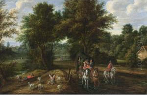 A Wooded Landscape With 
Travellers In A Horse-drawn Carriage With A Horseman And Shepherds With 
Their Sheep Resting Oil Painting by Boudewyns Adriaen & Bout Peeter