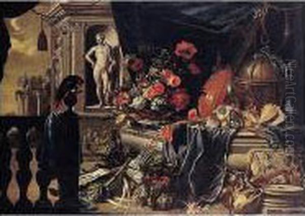 A Still Life Of Flowers With A 
Globe, Musical Instruments And A Parrot, All Set Within Architectural 
Surroundings Oil Painting by Michel Bouillon