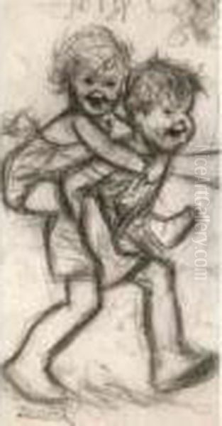 Petite Fille Sur Le Dos D'un Petit Garcon. Oil Painting by Germaine Bouret