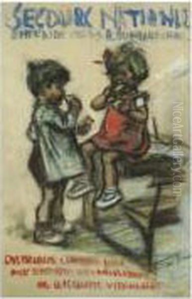 Secours National. Entr'aide 
D'hiver Du Marechal. Distribution Chaque Jour Aux Enfants De Milliers De
 Biscuits Vitamines. Oil Painting by Germaine Bouret