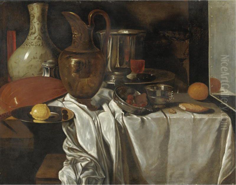 Natura Morta Con Una Brocca, Un 
Vassoio Con Un Limone, Un Liuto, Unrecipiente In Maiolica E Altri 
Oggetti Su Un Tavolo Oil Painting by Andre Bouys