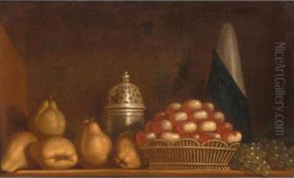 A Still Life Of Apples In A 
Wicker Basket, Together With Pears, Peaches And A Silver Sugar Caster Oil Painting by Andre Bouys