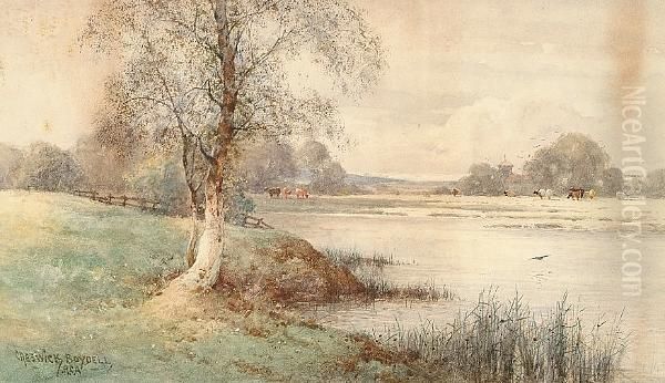 A River Landscape With Water 
Meadows Beyond; Cottages In A Country Landscape With Cattle Grazing Near
 By Oil Painting by Creswick Boydell