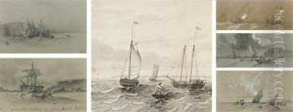 Sailboats At Sea: A Set Of Six Drawings Oil Painting by William Bradford