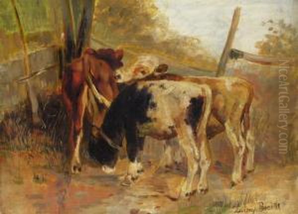 Drei Kalber In Einer Koppelabsperrung Oil Painting by Anton Braith
