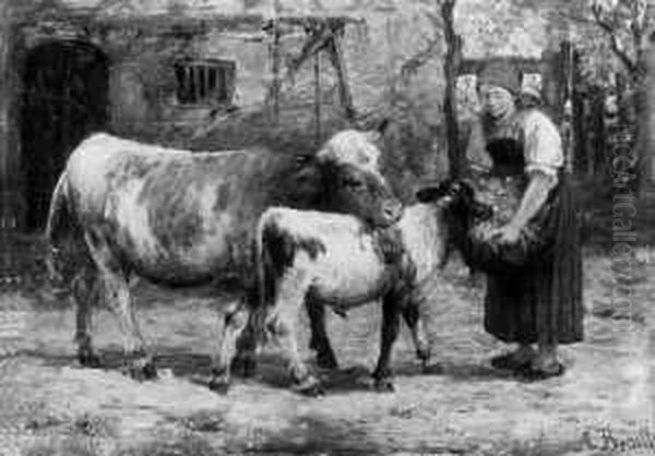 Bauernmagd Mit Rindern. Ol Auf Holz. H 19,5; B 27 Cm. Oil Painting by Anton Braith