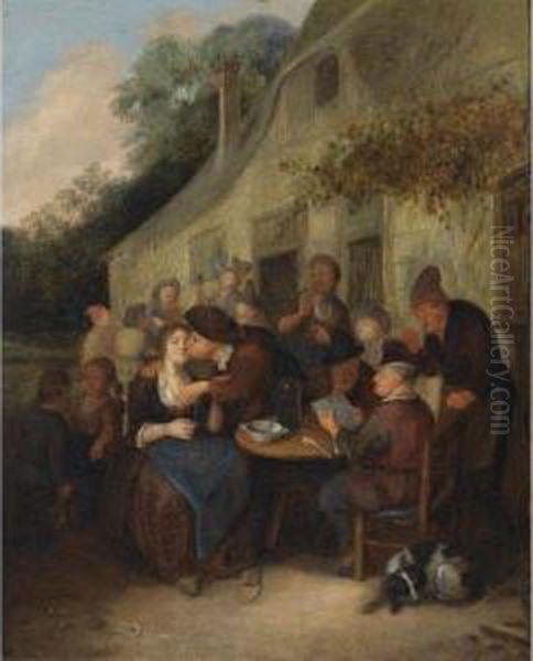 Peasants Gathered Outside A 
Tavern With A Man Reading A Paper, An Amorous Couple, And A Fiddler In 
The Background Oil Painting by Richard Brakenburgh