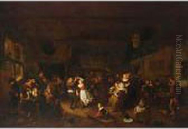 A Peasant Feast In An Inn, With A
 Couple Dancing And Other Peasants Drinking, Eating And Playing Music 
Together With Children Oil Painting by Richard Brakenburgh
