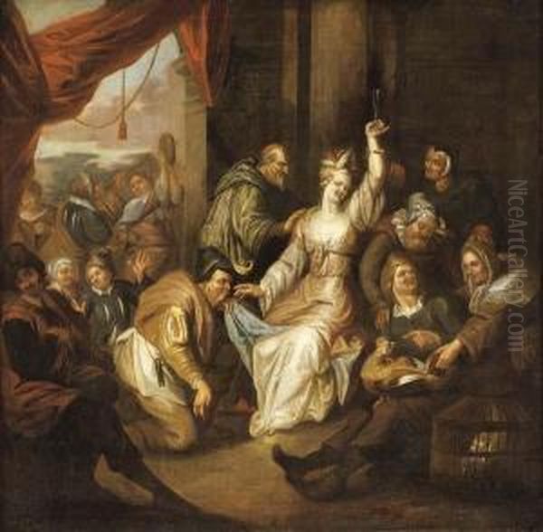 Brothel Scene With Figures 
Making Merry Together With Figures Making Music 
In The Background And A Violin Player In The 
Foreground Oil Painting by Richard Brakenburgh