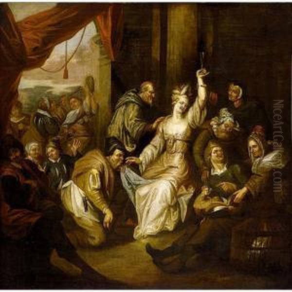 A Brothel Scene With Figures 
Making Merry Together With Figures Making Music In The Background And A 
Violin Player In The Foreground Oil Painting by Richard Brakenburgh