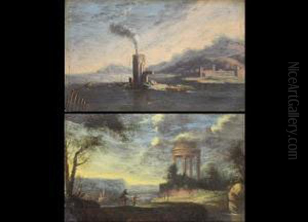 Gemaldepaar
 Ideallandschaft Mit Rundtempel Und
 Ideallandschaft Mit Maritimer Befestigungsanlage
 Jeweils In Flotter Manier, Mit Personenstaffage Und Stimmungsvollem Abend- Bzw. Morgenhimmel. Oil Painting by Johann Christian Brand